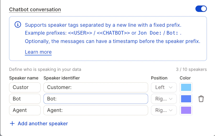 Speaker editor with name, identifier, position, and color