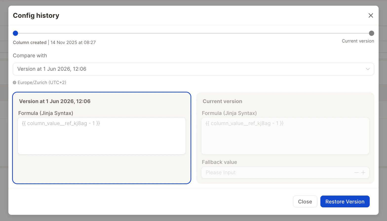 Config history modal