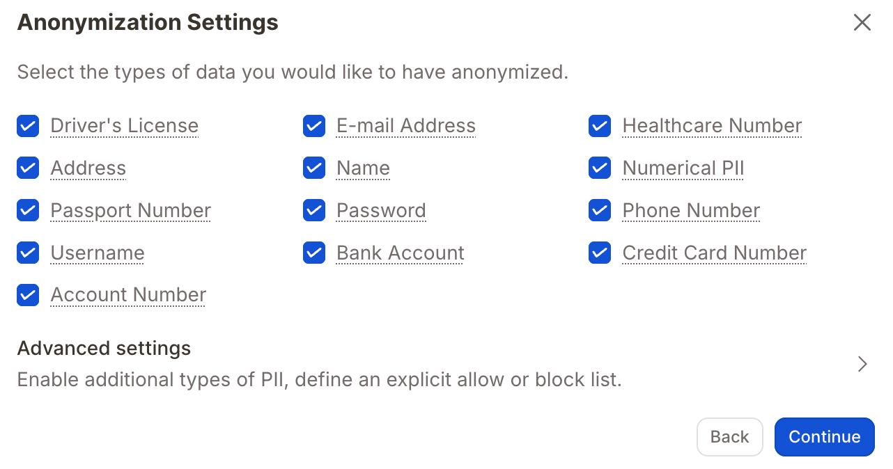Anonymization settings panel