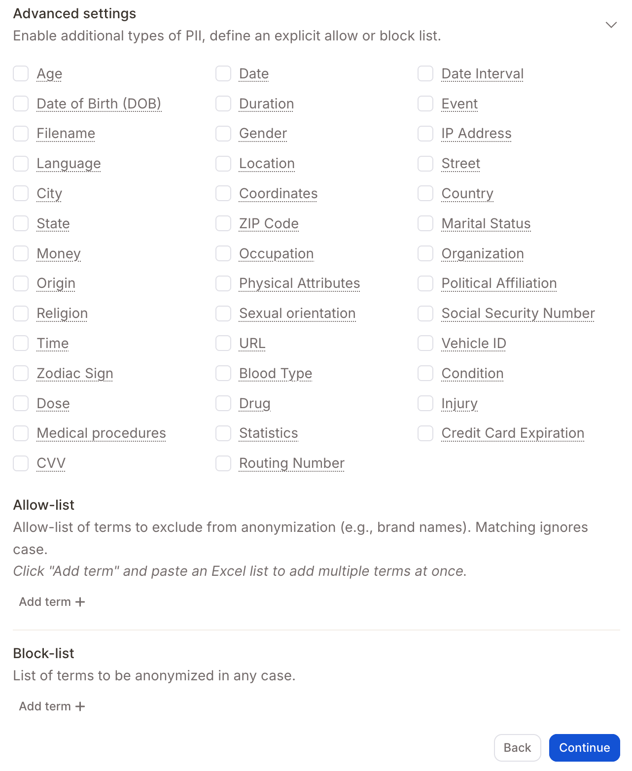 Advanced anonymization settings