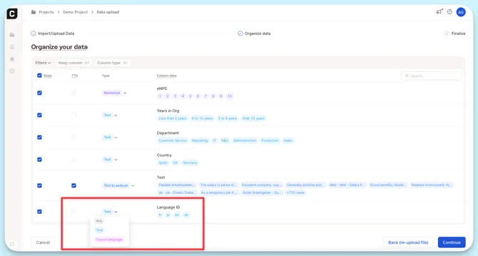 Source language column setup