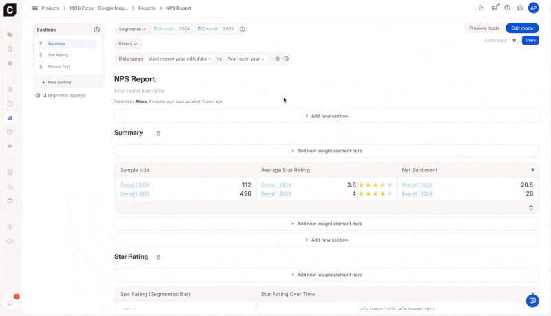 Score and rating elements in report editor