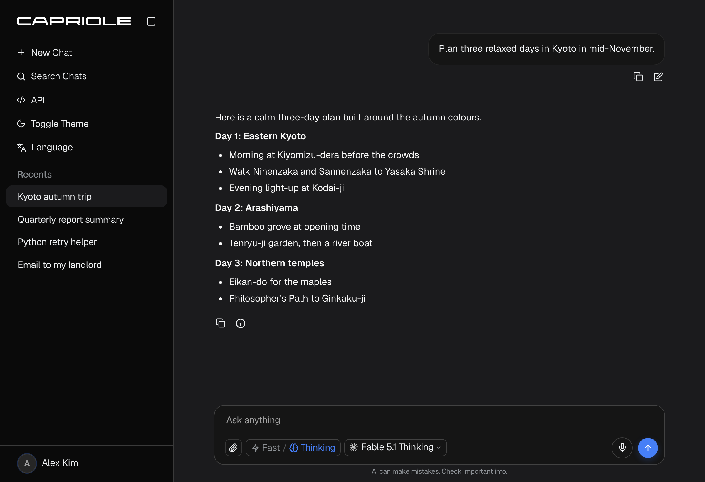 A reopened chat with Fable 5.1 Thinking selected again
