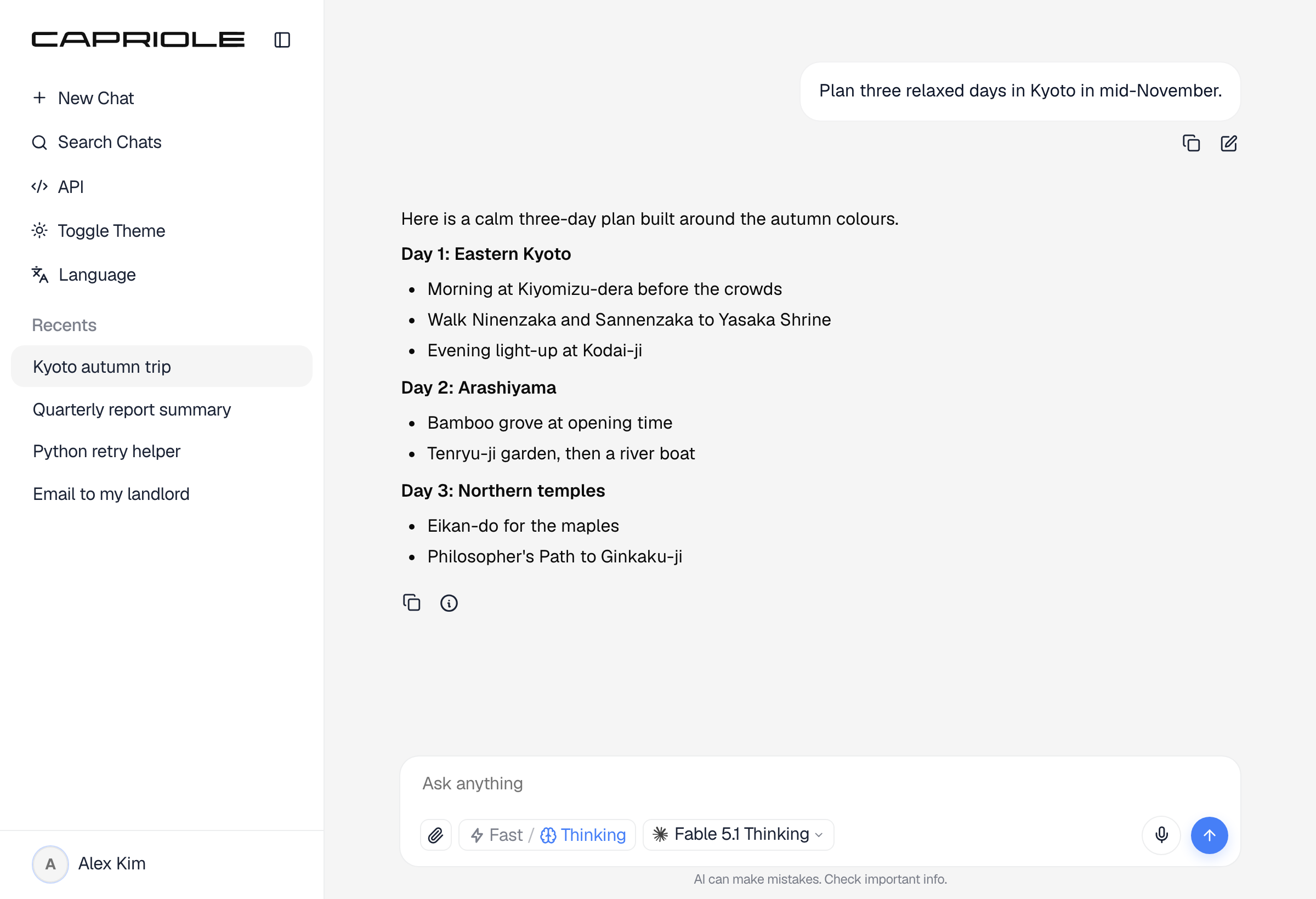 A reopened chat with Fable 5.1 Thinking selected again