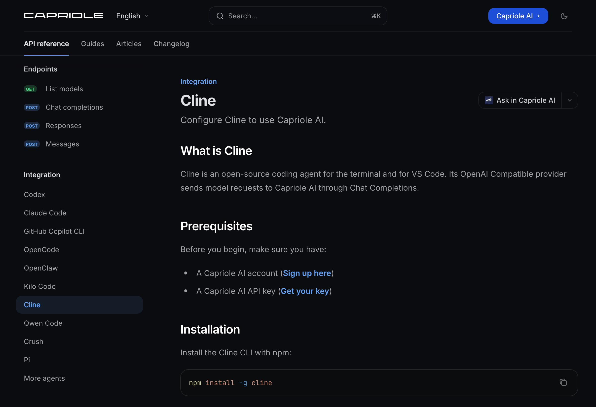 The Integration section of the docs with ten coding agents