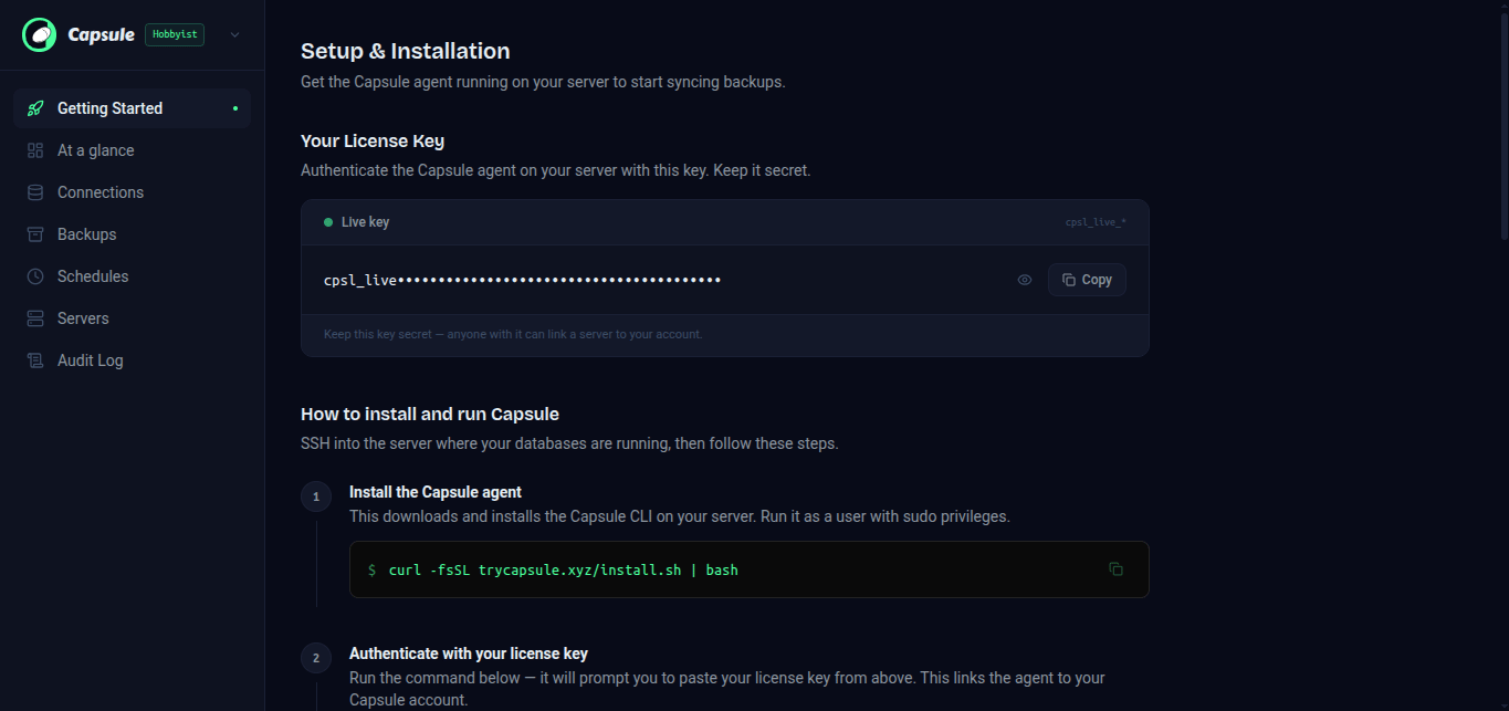 The Setup page in the Capsule dashboard, showing the license key and install instructions