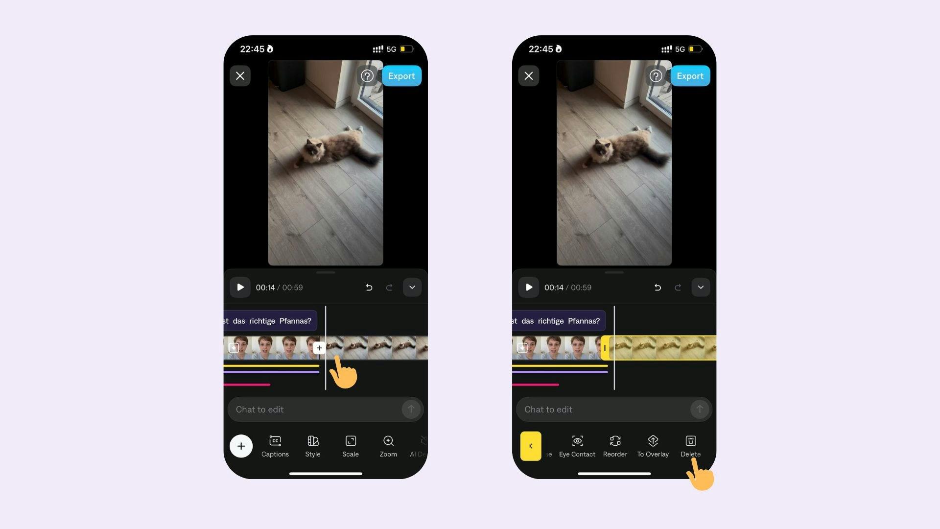 Captions timeline showing the Delete option for removing a clip from a project