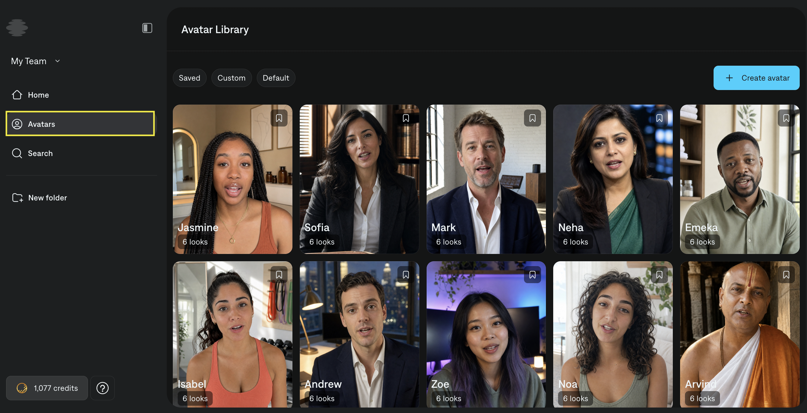 Avatars page in the Captions desktop sidebar showing the Actors library