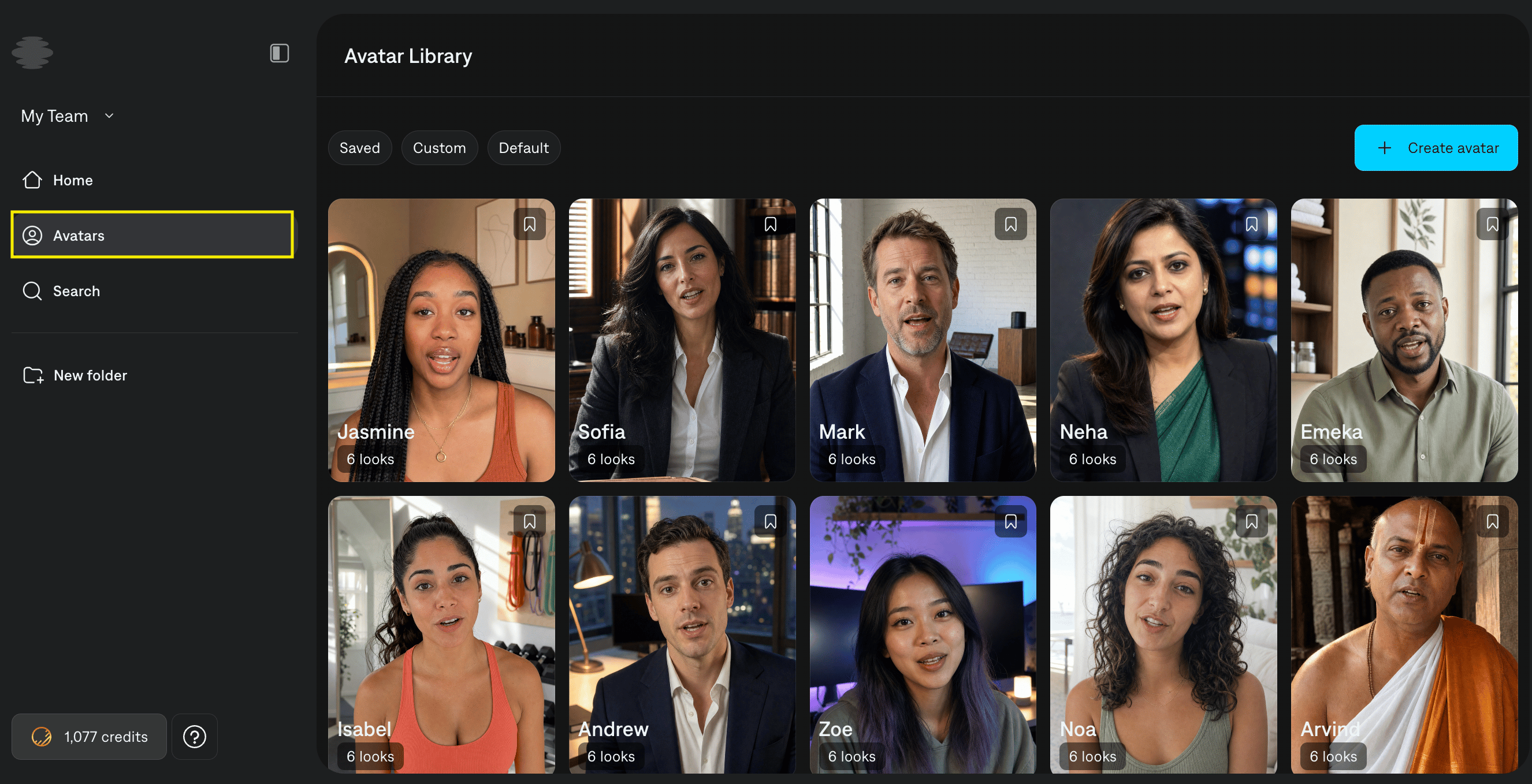 Avatars page in the Captions desktop sidebar showing the Actors library