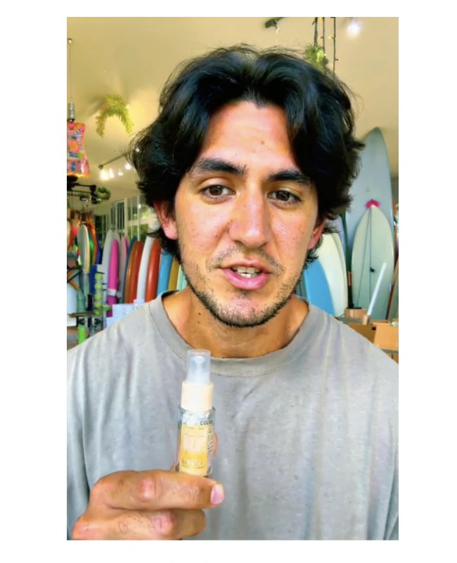 Captions Mirage AI video generation model showing a customizable AI actor in a surf shop setting