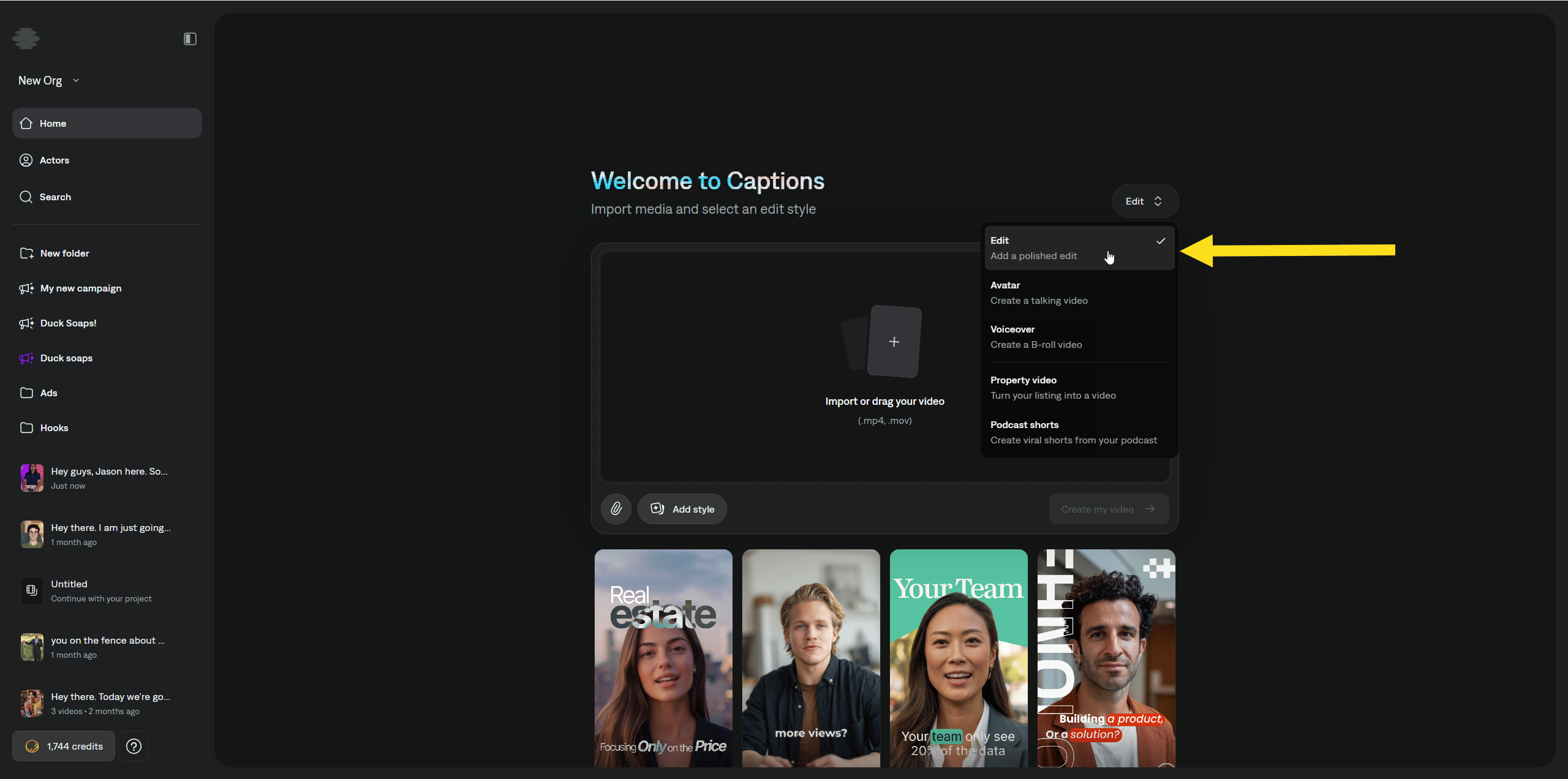 Home page with Edit selected from a dropdown menu