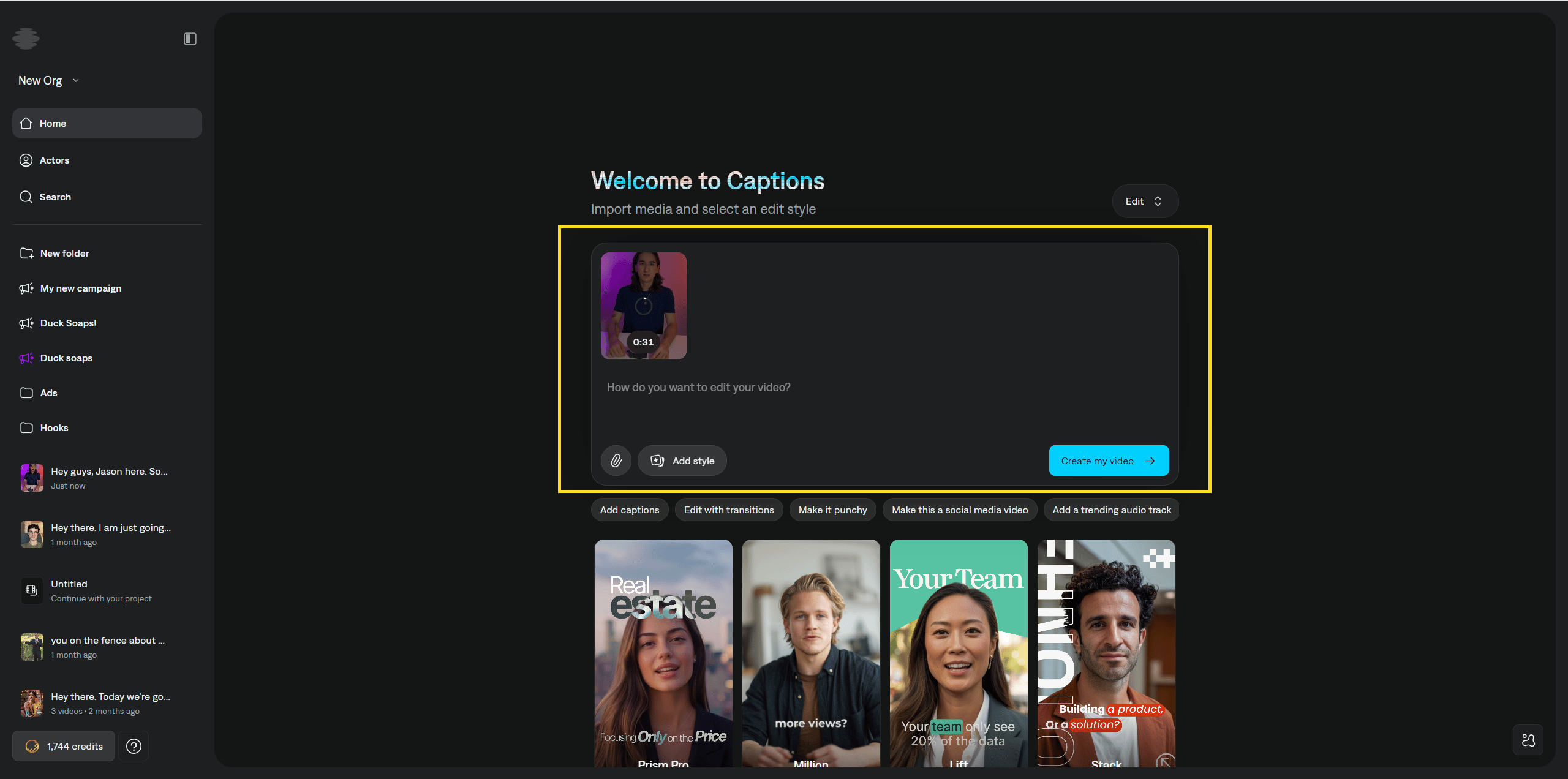 Video upload area with drag and drop or file selection