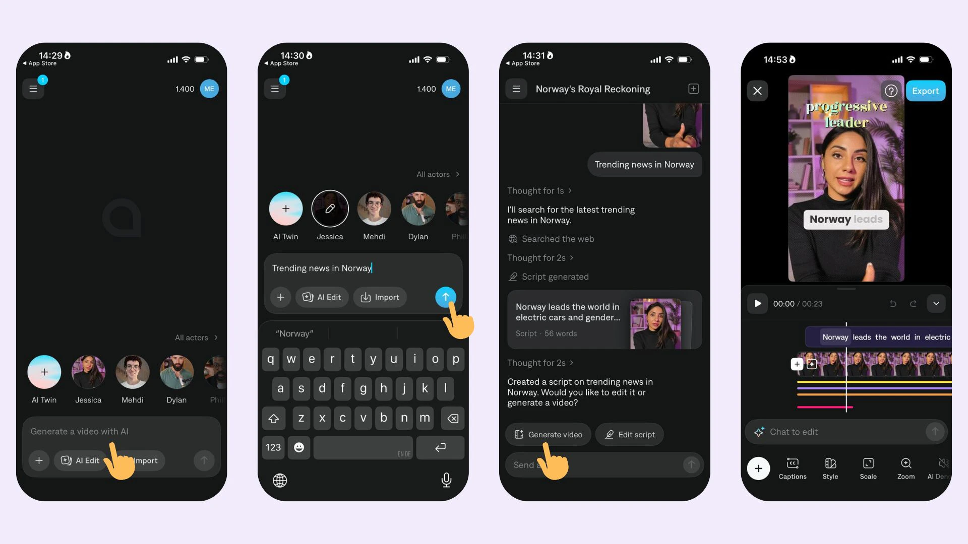 Interfaz de Captions Prompt to Video Mirage mostrando un video hablado generado por IA a partir de una indicación de texto
