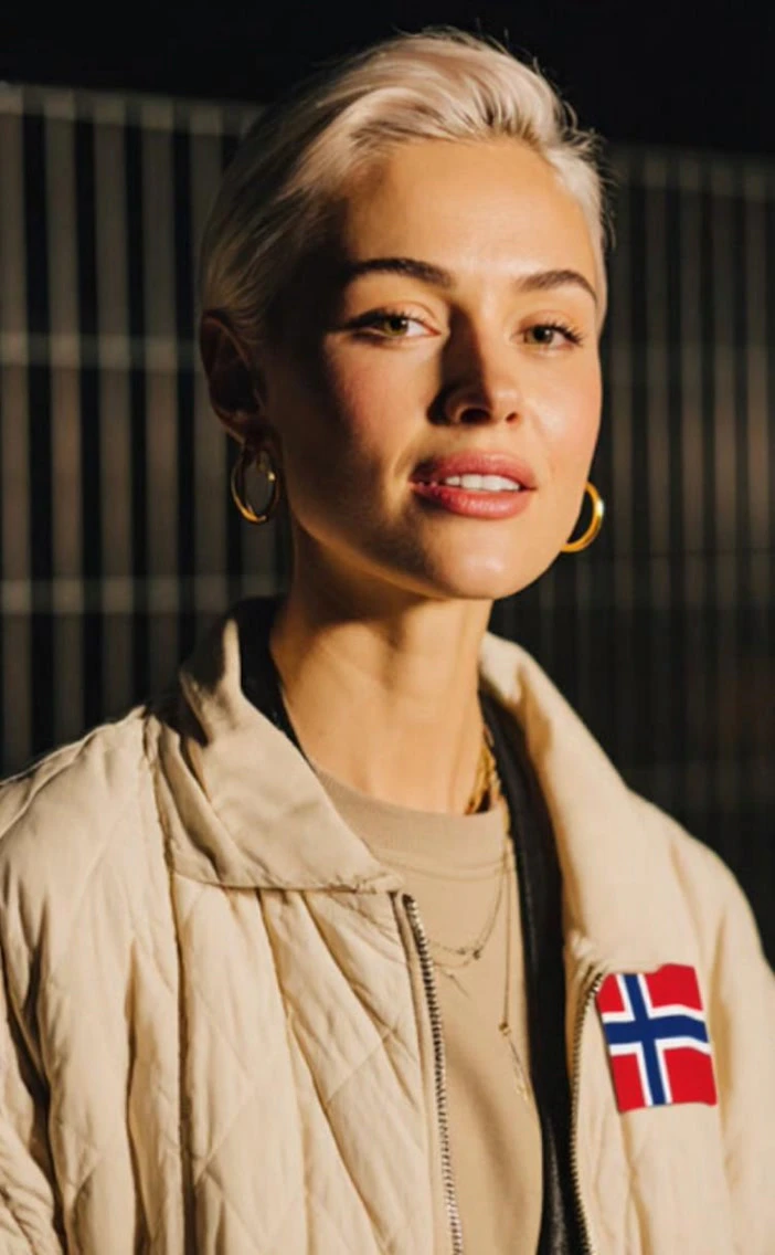 Variante de nuevo look de actor de IA de Captions Mirage mostrando el mismo actor con la bandera noruega en su chaqueta