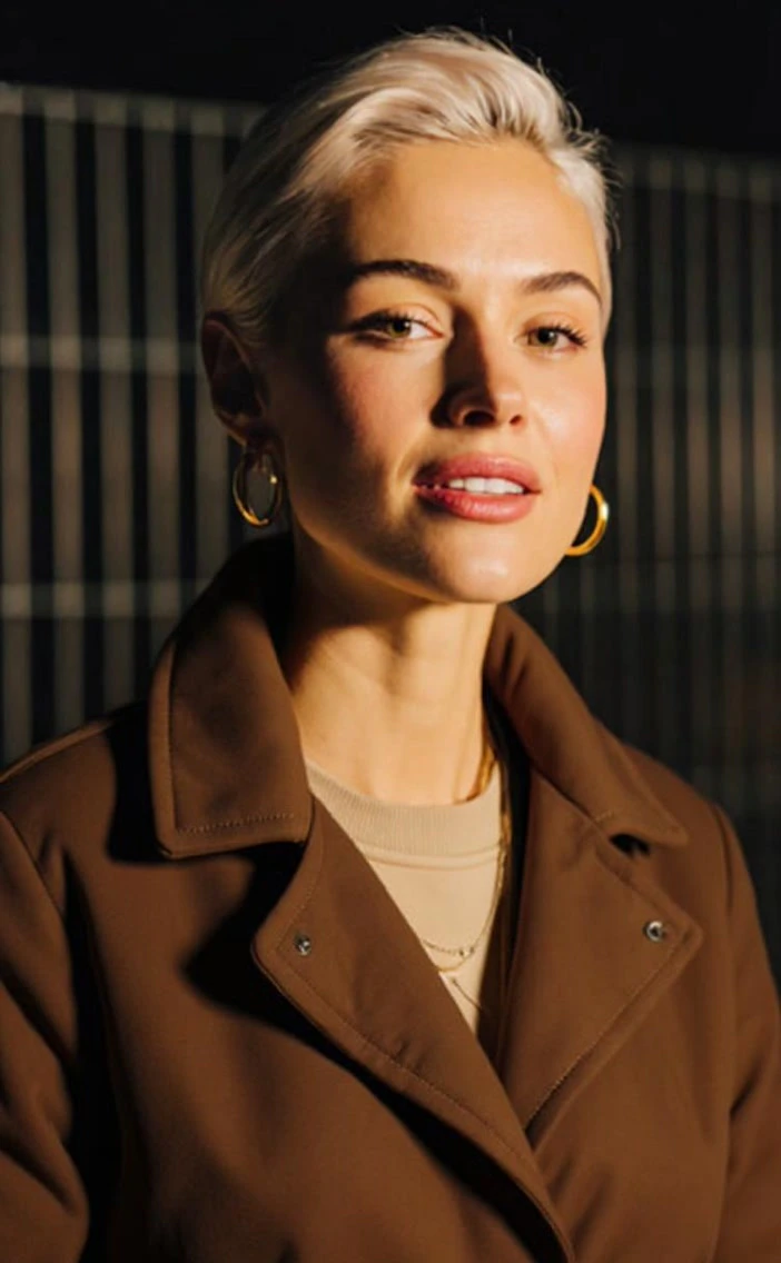 Variante de nuevo look de actor de IA de Captions Mirage mostrando el mismo actor usando un abrigo de invierno marrón chocolate