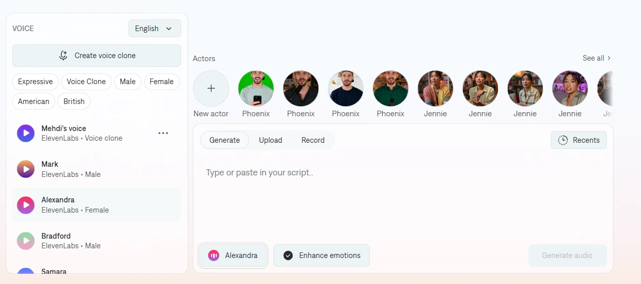 Paso de selección de voz de Captions Mirage mostrando opciones de voz de IA de ElevenLabs y Google