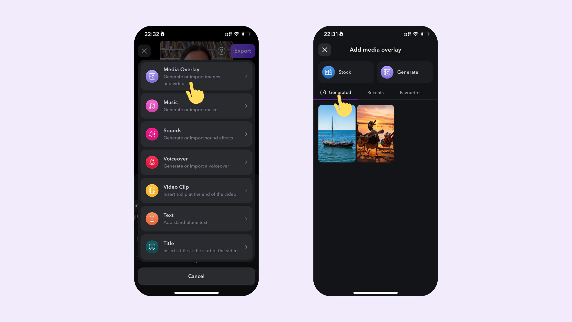 Aplicación Captions mostrando imágenes de IA generadas anteriormente disponibles para reutilizar en nuevos proyectos