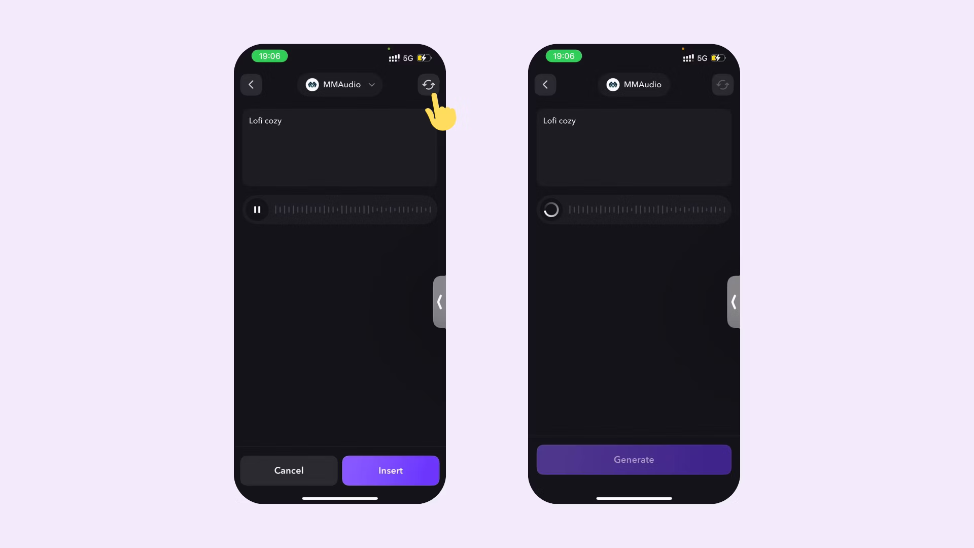 Botón de regenerar música de la aplicación Captions para crear una nueva pista generada por IA