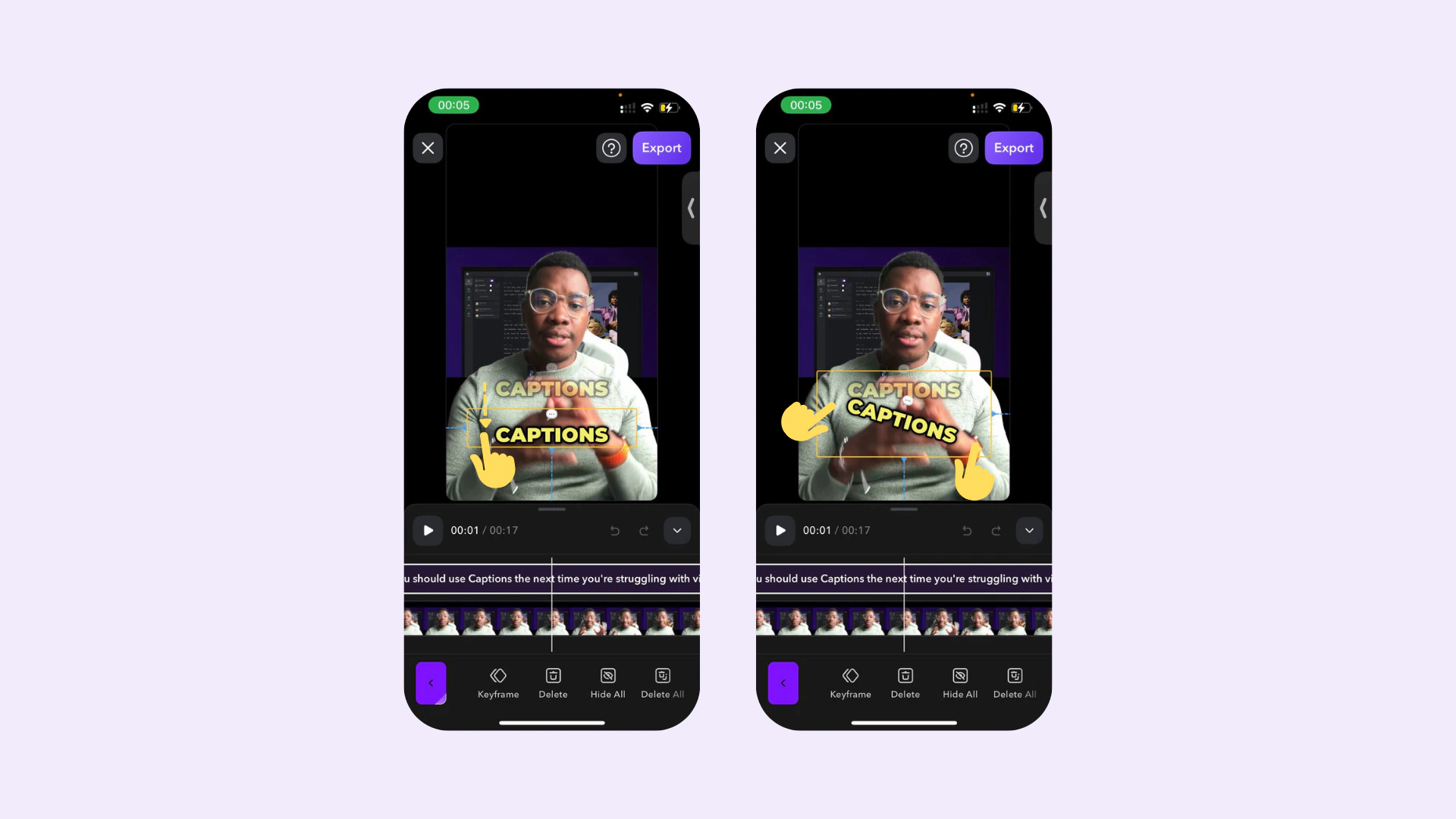 iOS de Captions mostrando asas de pellizco para cambiar tamaño y arrastrar para mover en un título