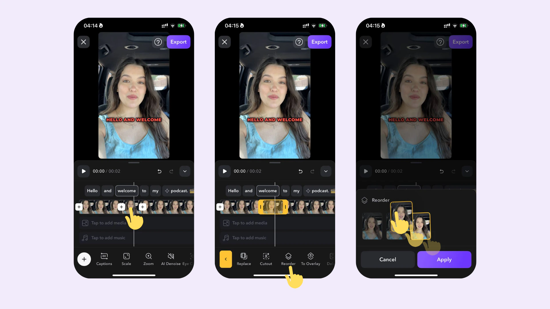 Línea de tiempo de Captions iOS mostrando cómo arrastrar y reordenar tomas en un proyecto de video