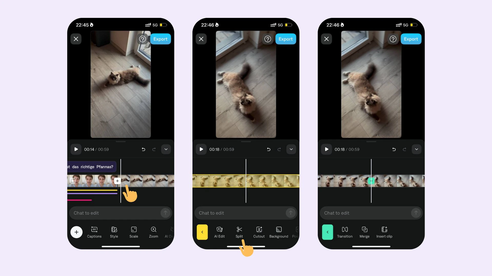 Línea de tiempo de Captions que muestra cómo dividir un clip de video en un punto específico
