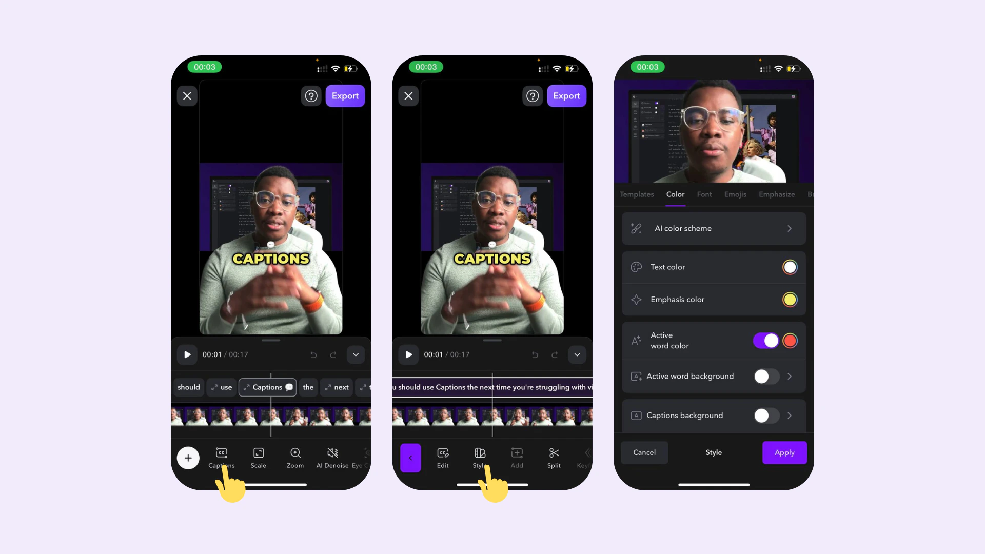 Panel de estilo de subtítulos de Captions iOS con opciones de fuente, color y animación preestablecidas