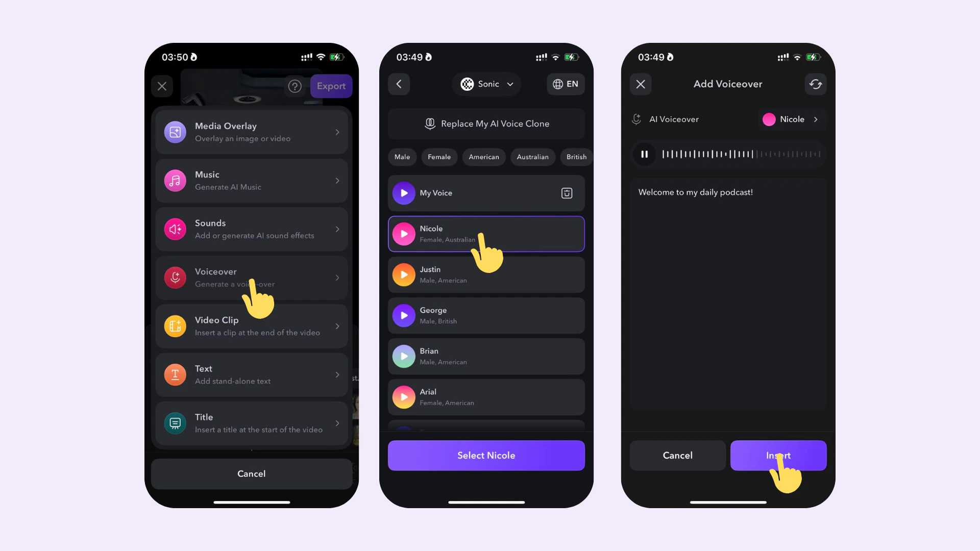 Aplicación Captions mostrando cómo importar un archivo de audio de voiceover