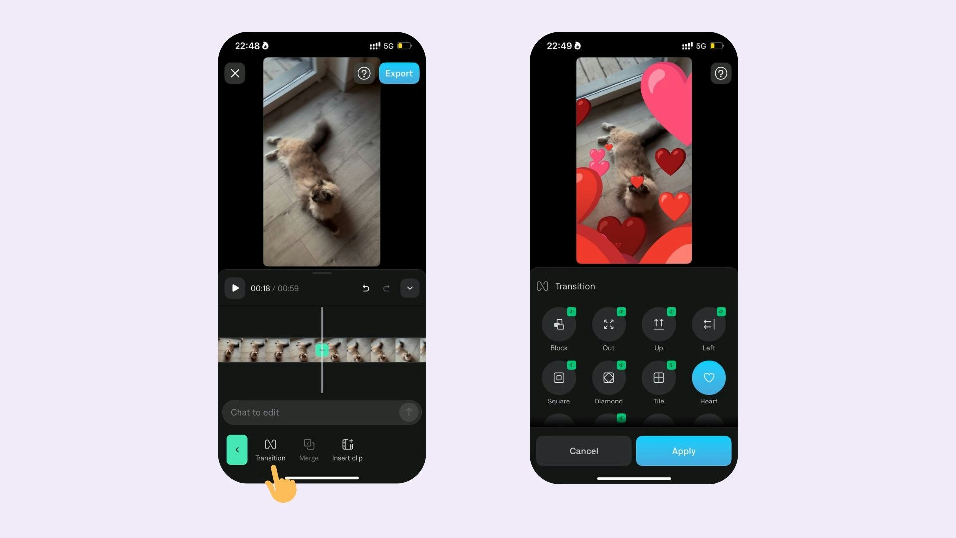 Captions iOS timeline showing shot detection markers and transition options between clips
