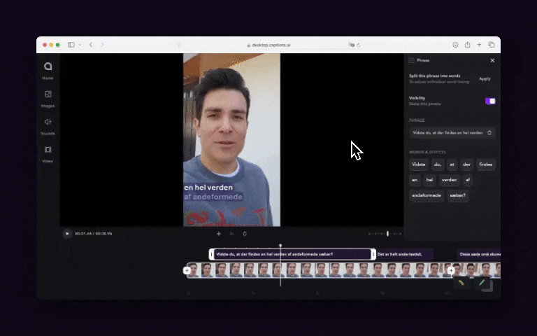 Animación que muestra cómo arrastrar una palabra para ajustar su tiempo en Captions