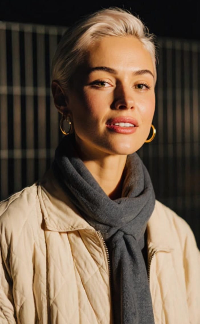 Captions Mirage AI actor new look variant showing the same actor with a neck scarf added