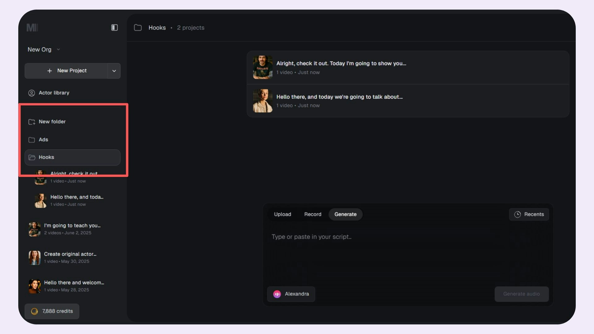Captions Mirage Studio project folders view for organizing AI video generation projects