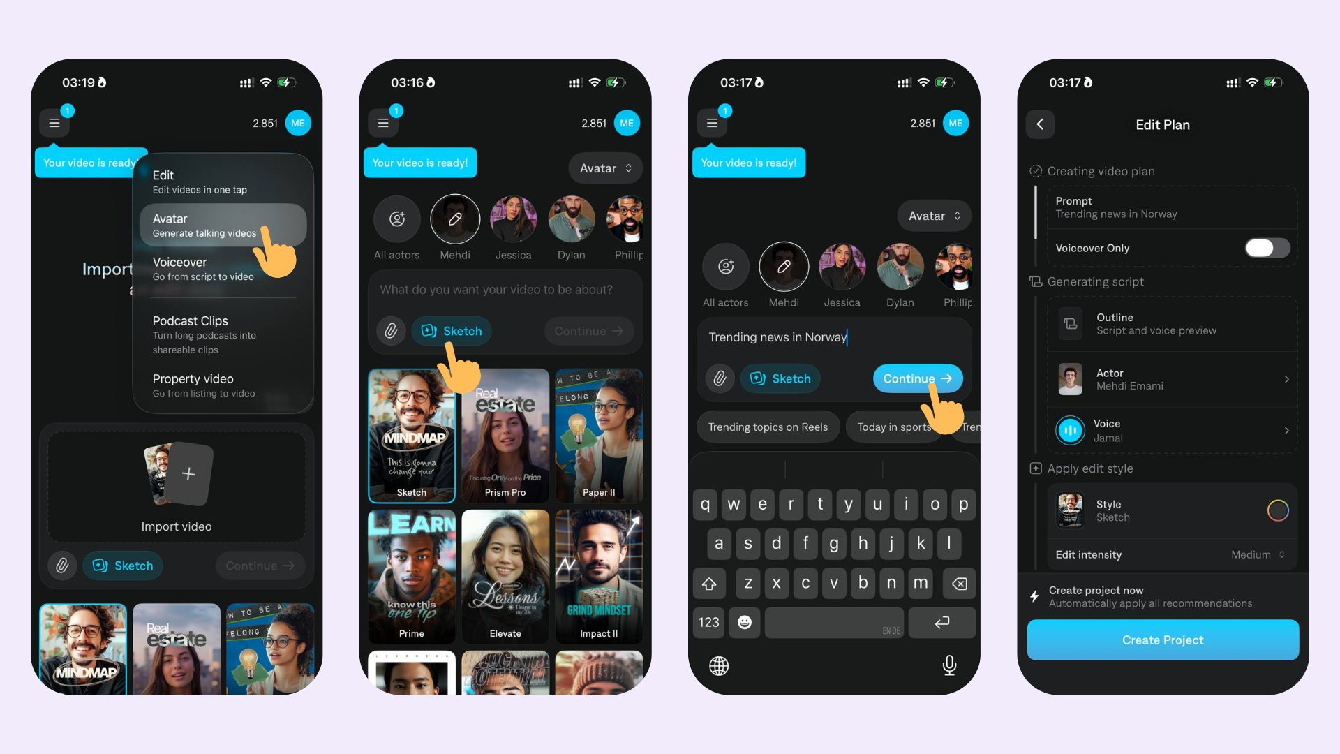 Captions iOS Avatar prompt-to-video flow for creating an AI talking video