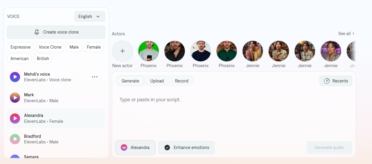 Captions Mirage voice selection step showing AI voice options from ElevenLabs and Google