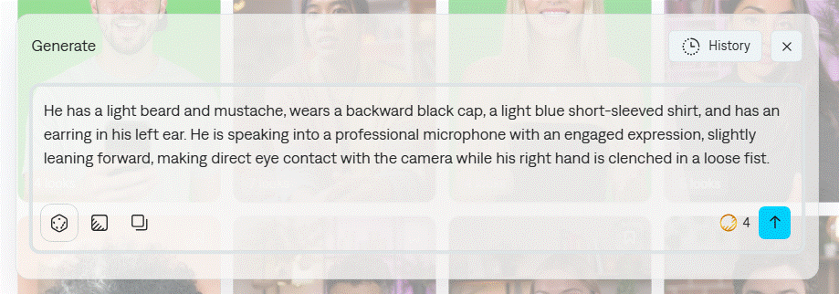 Animation showing Captions Mirage generating AI actor options from a text description prompt