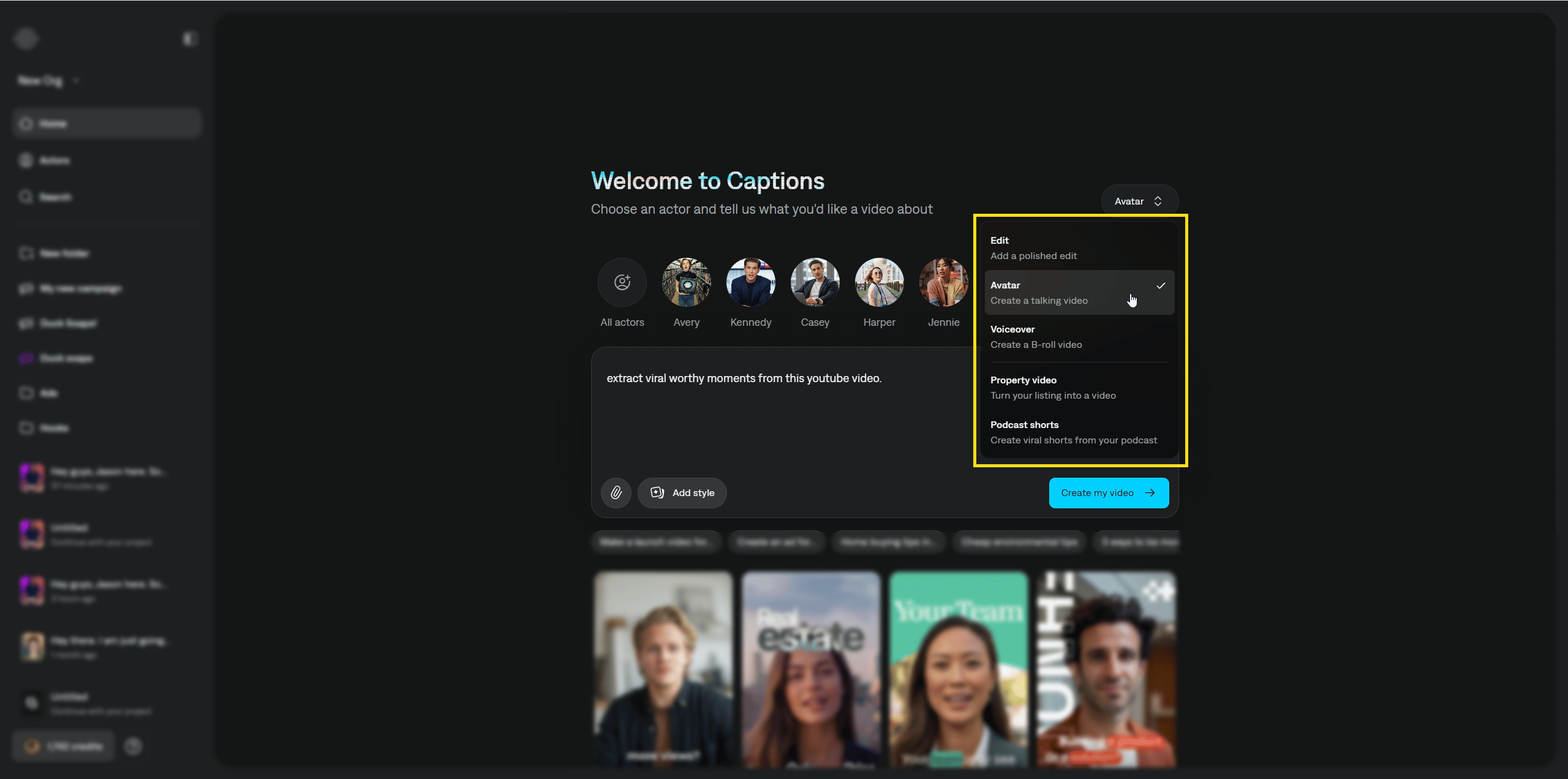 Home page dropdown with Avatar selected to start an AI talking video