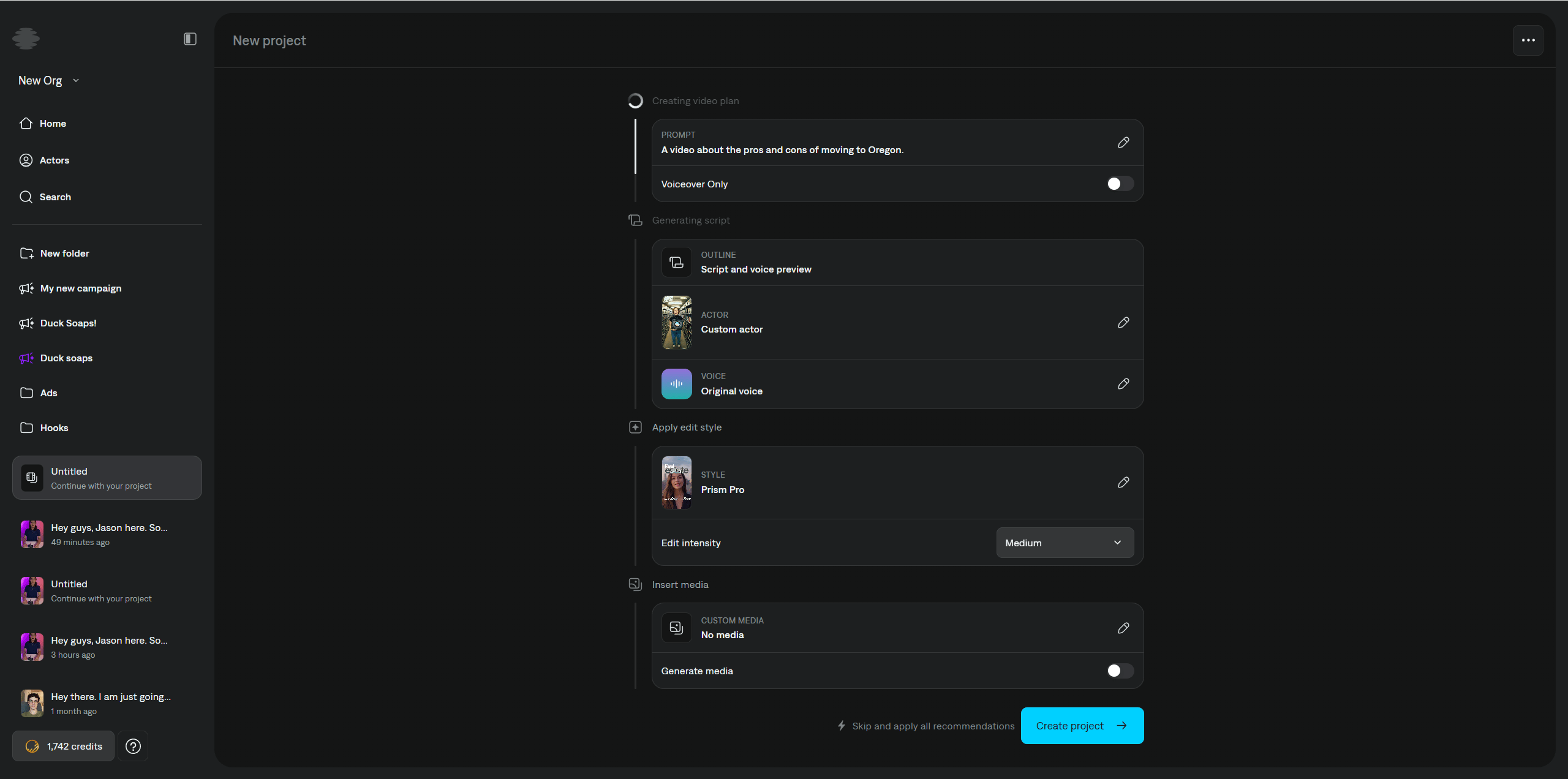 Project settings overview for an AI talking video before creation