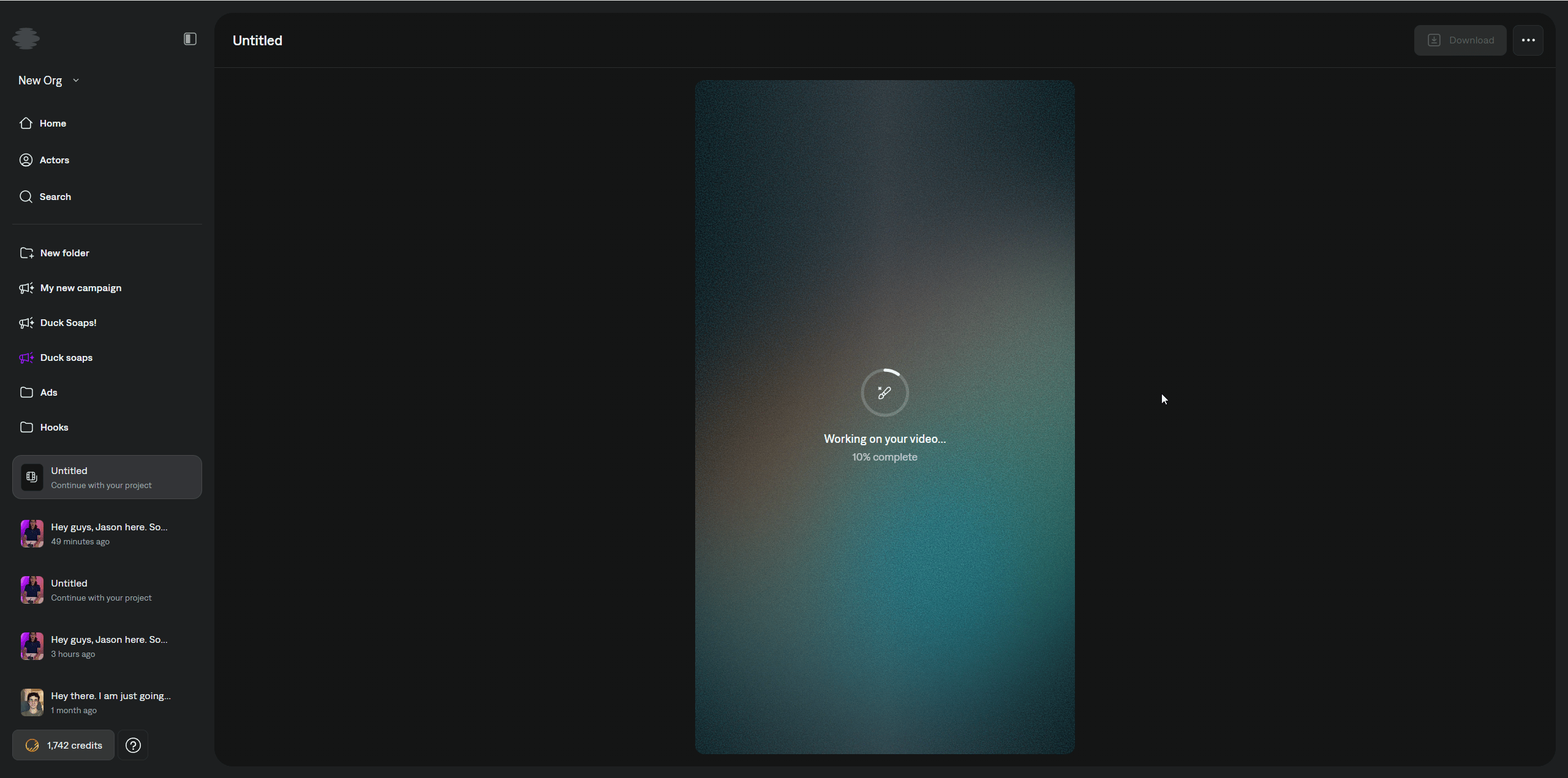 Captions screen showing that the AI video is being generated