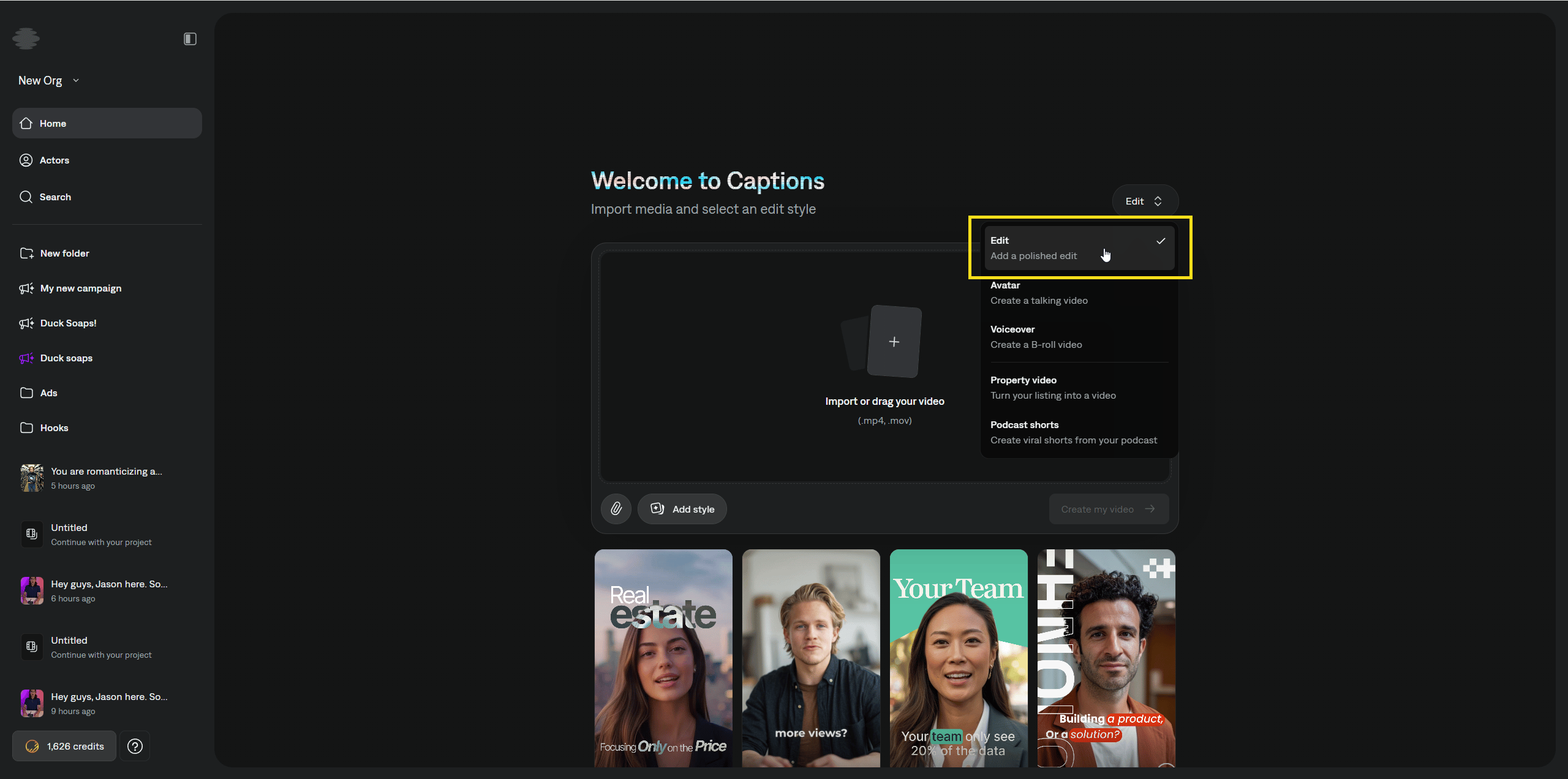 Home page with Edit selected, video upload, and prompt for AI Edit