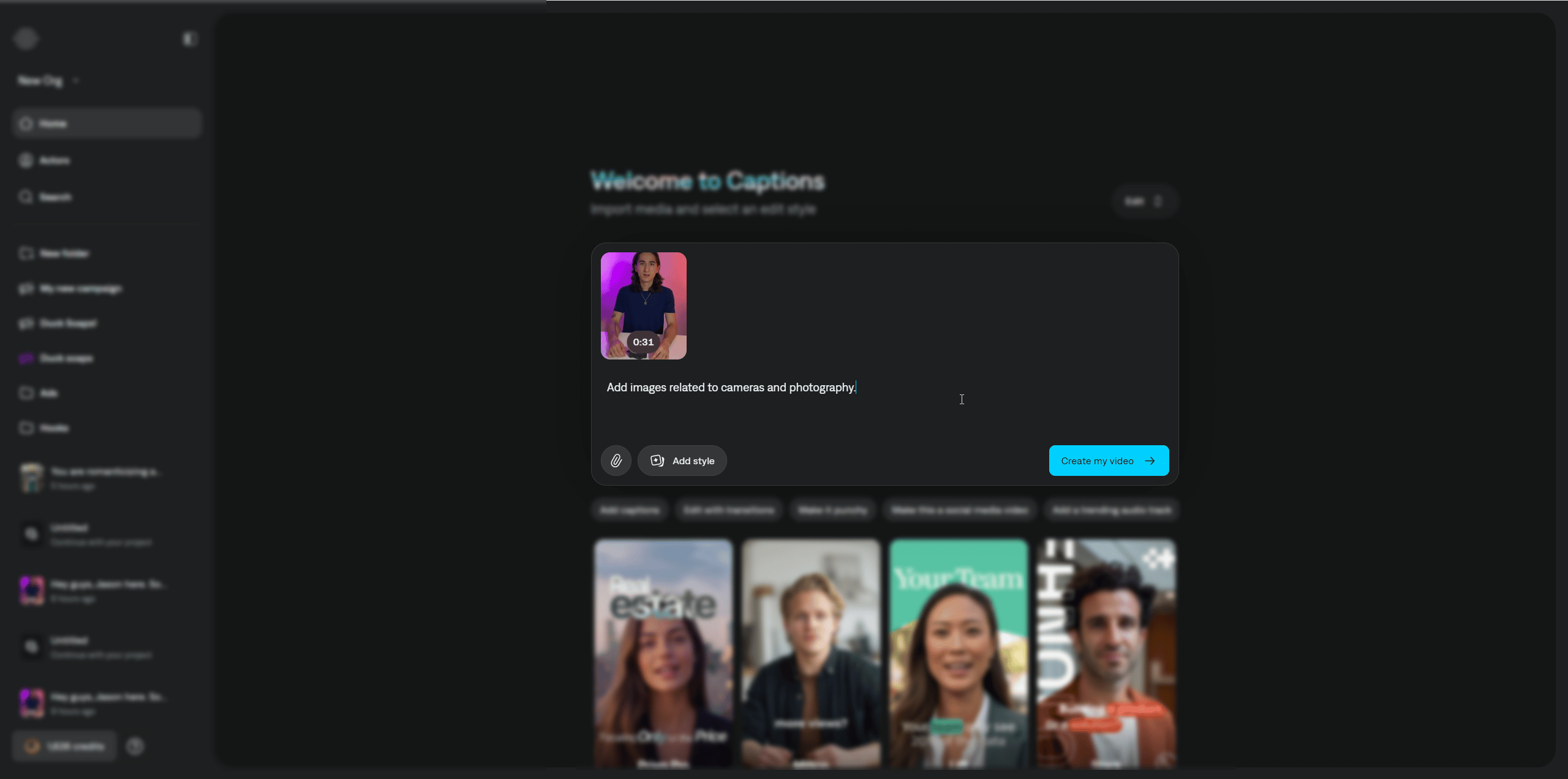 Prompt field describing how Captions should AI edit the uploaded video