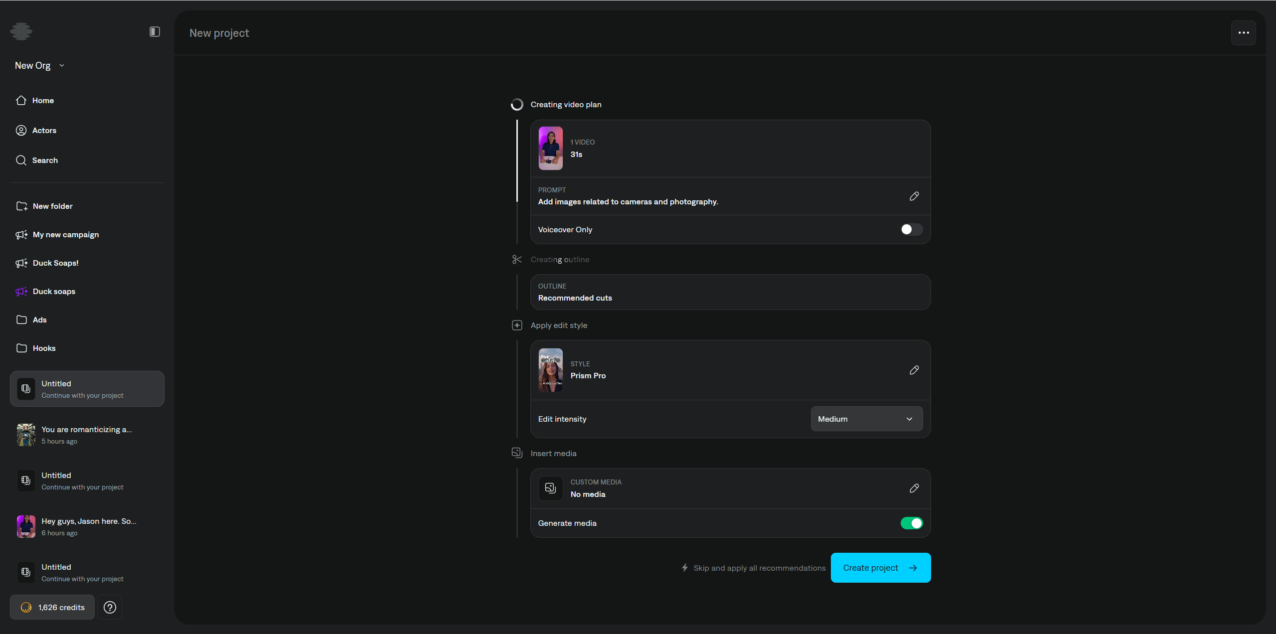 Project settings after Create my video for an AI Edit project