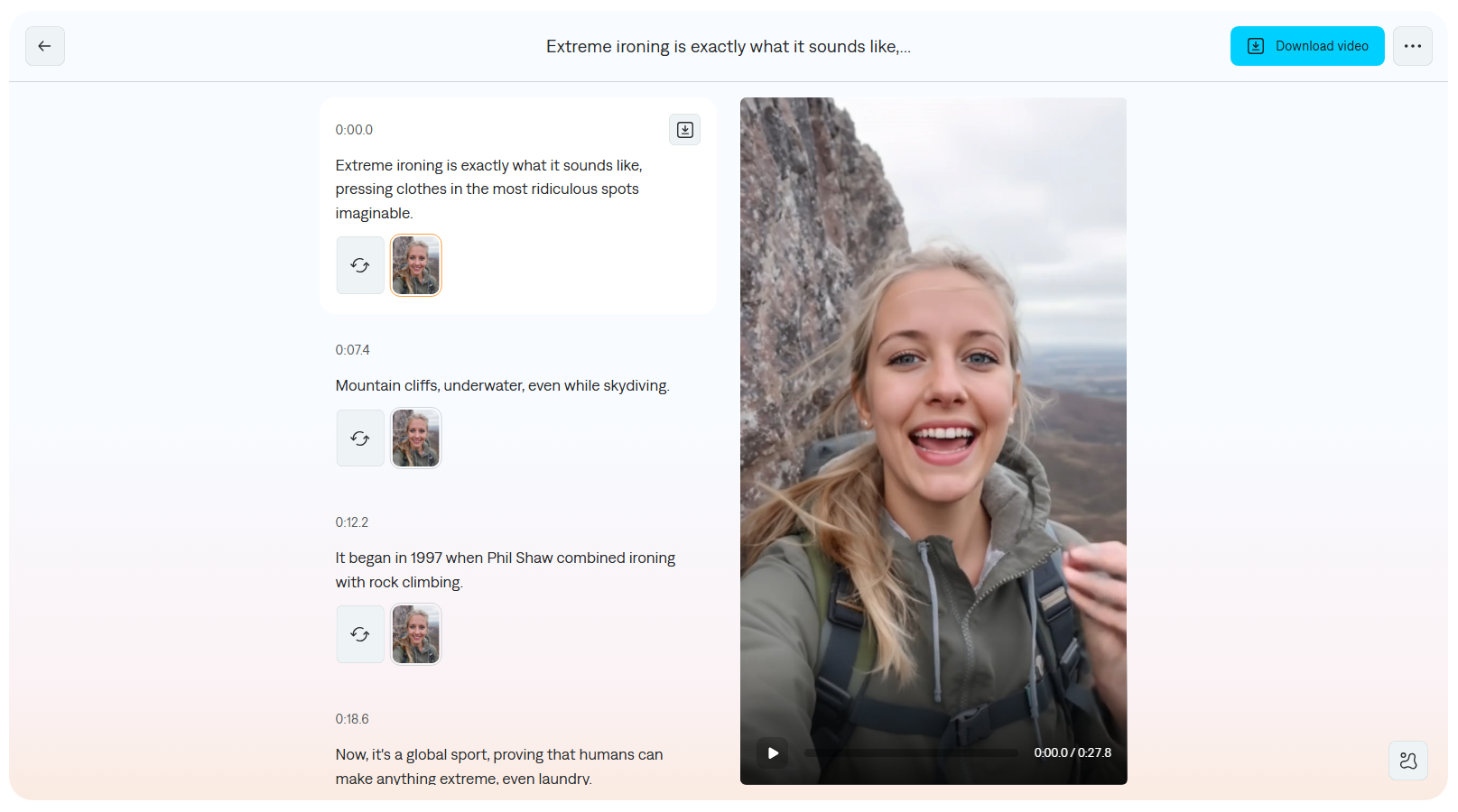 Captions Mirage review step showing actor performance clips for selection and reshoot options