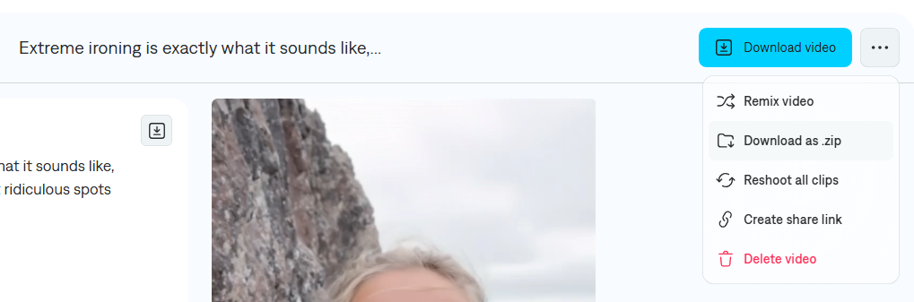 Captions Mirage export step showing options to download, export as zip, reshoot, or delete a video