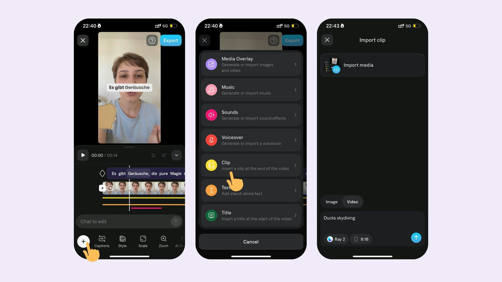 Captions timeline showing the Insert Clip option for adding a new video clip to a project