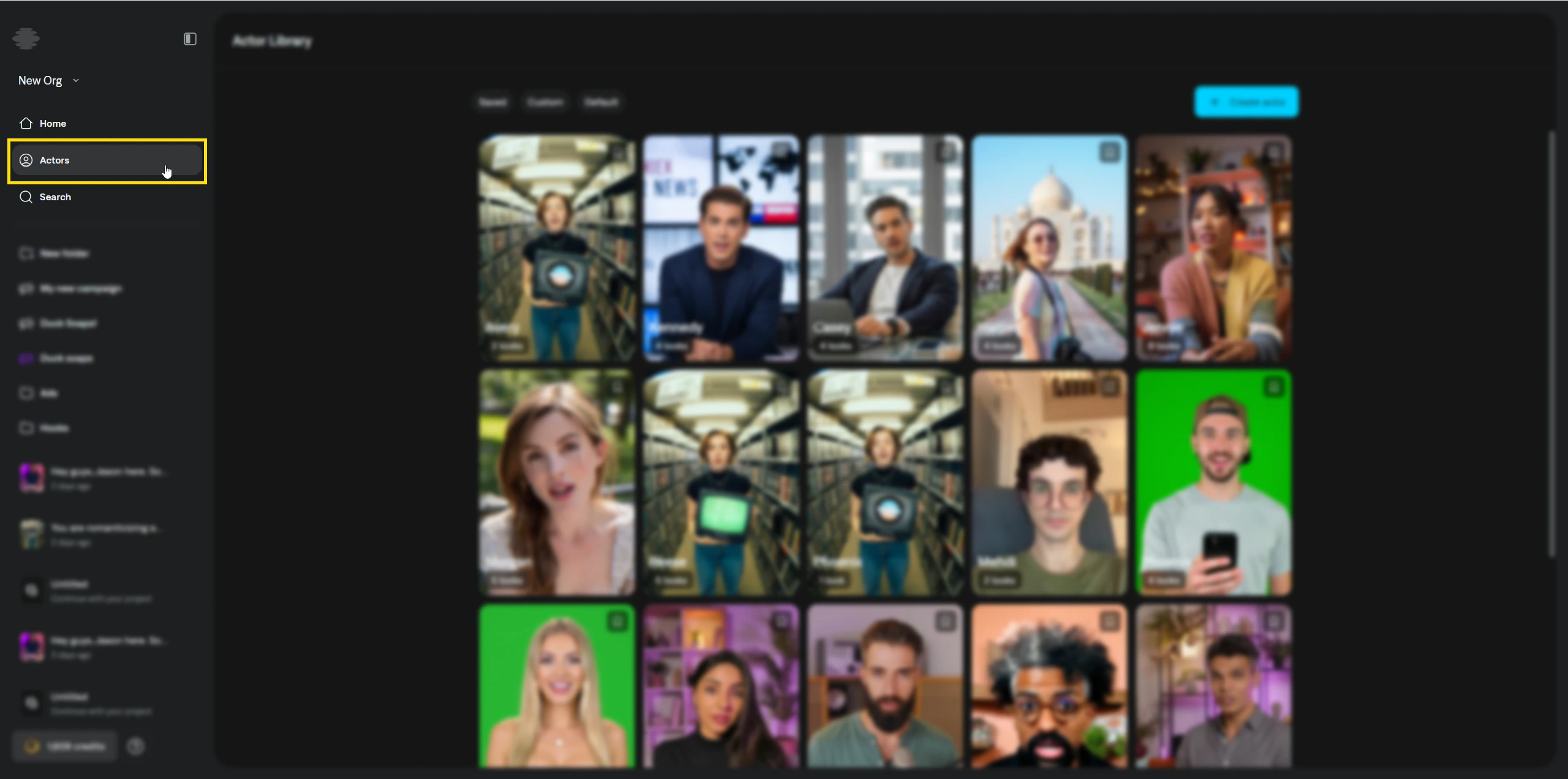 Actors page in the Captions desktop sidebar showing the Actors library