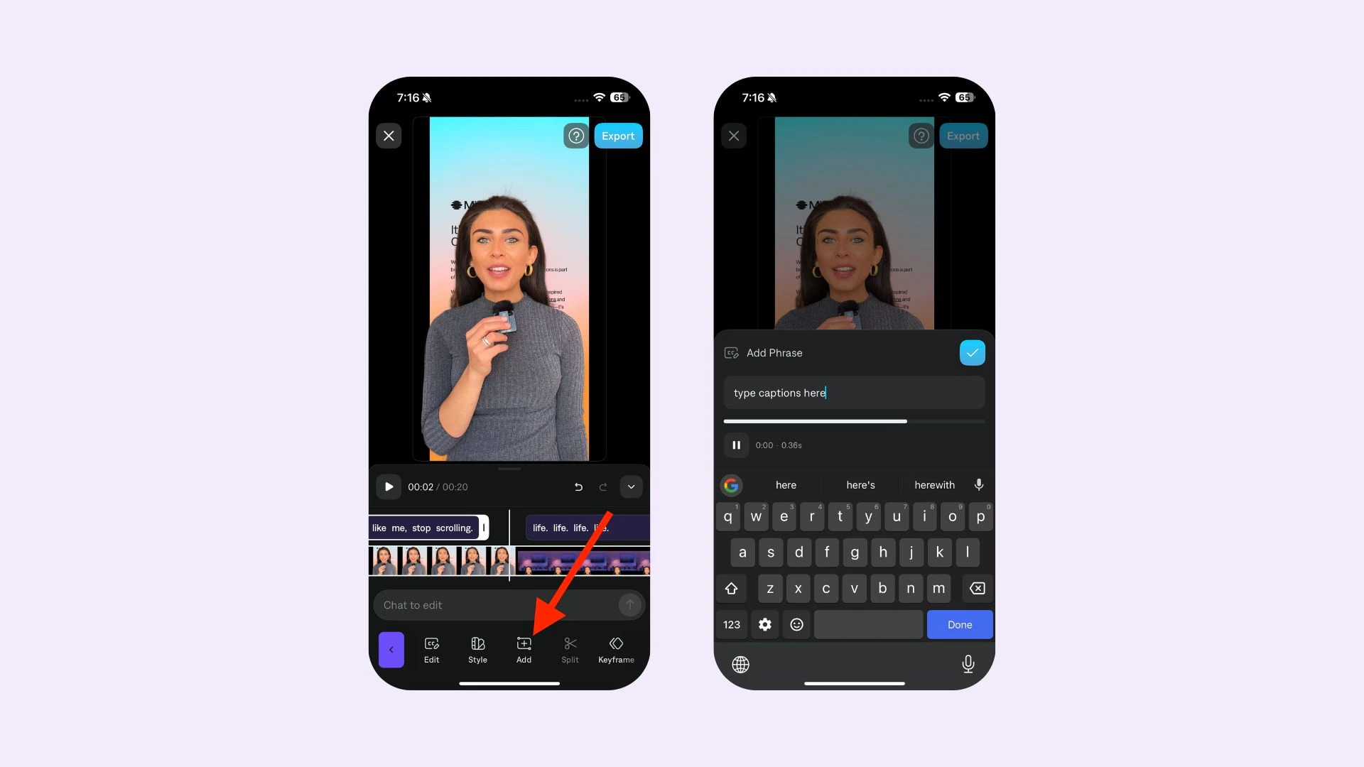 Aplicación Captions mostrando cómo escribir o editar manualmente el texto de subtítulos individuales