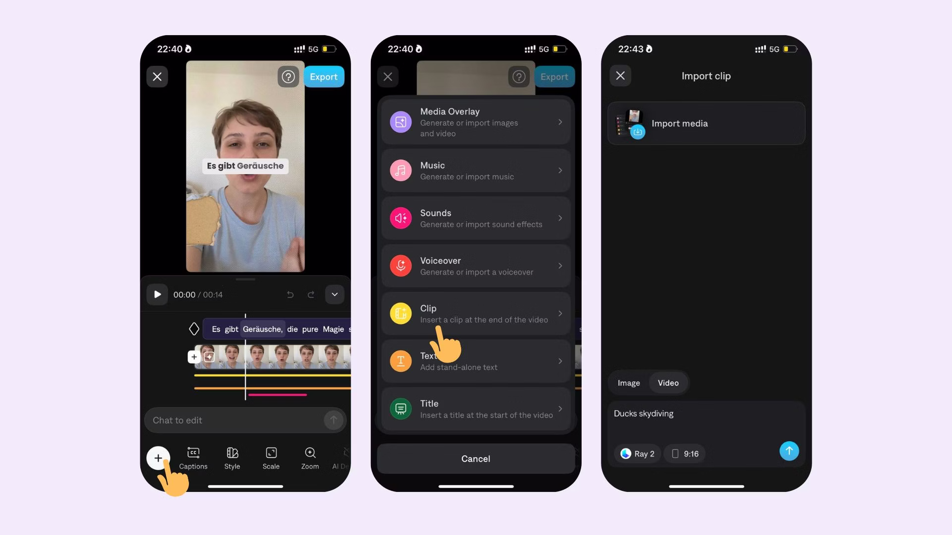 Línea de tiempo de Captions mostrando la opción Insertar clip para agregar un nuevo clip de video a un proyecto