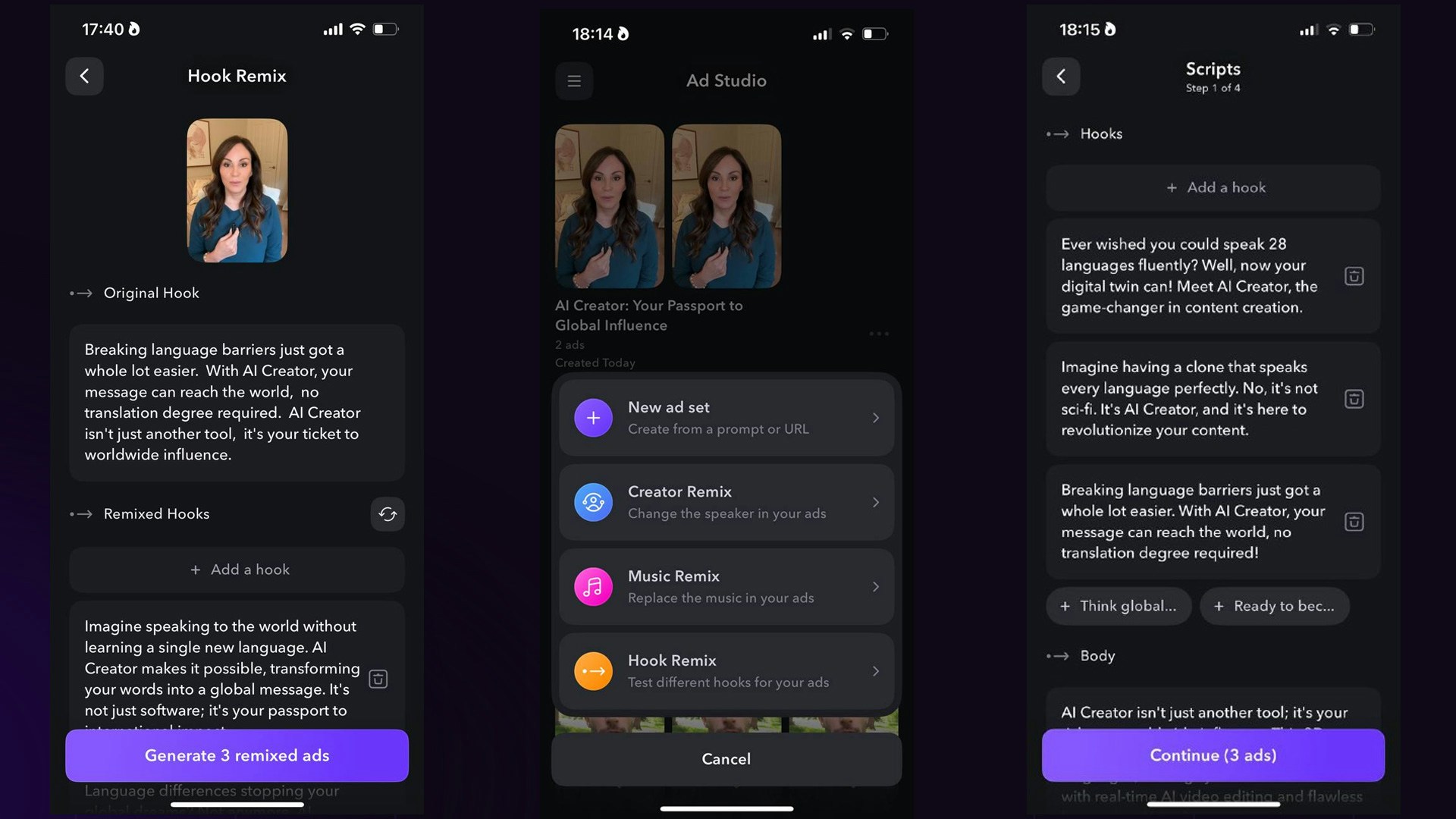 Captions Ads Studio interface for generating and remixing video ad sets at scale