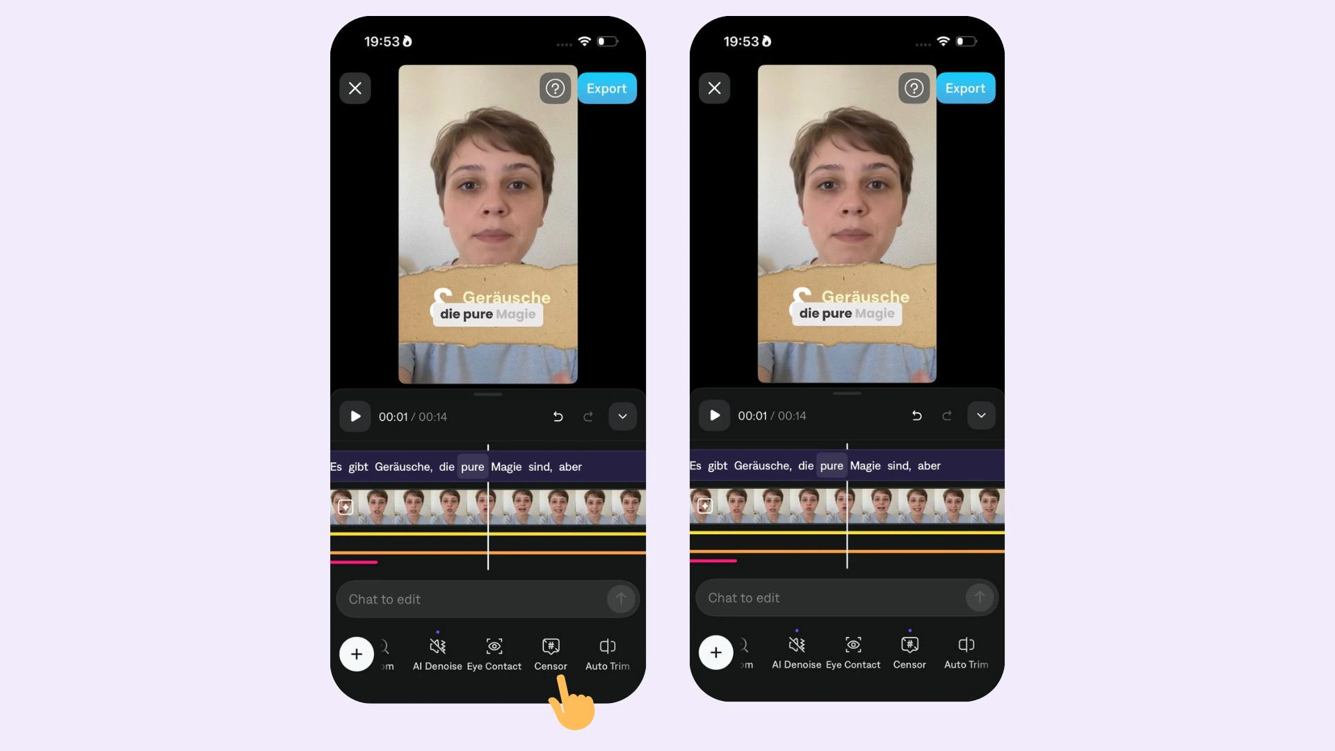 La herramienta Captions AI Censor censura automáticamente las palabrotas en un vídeo