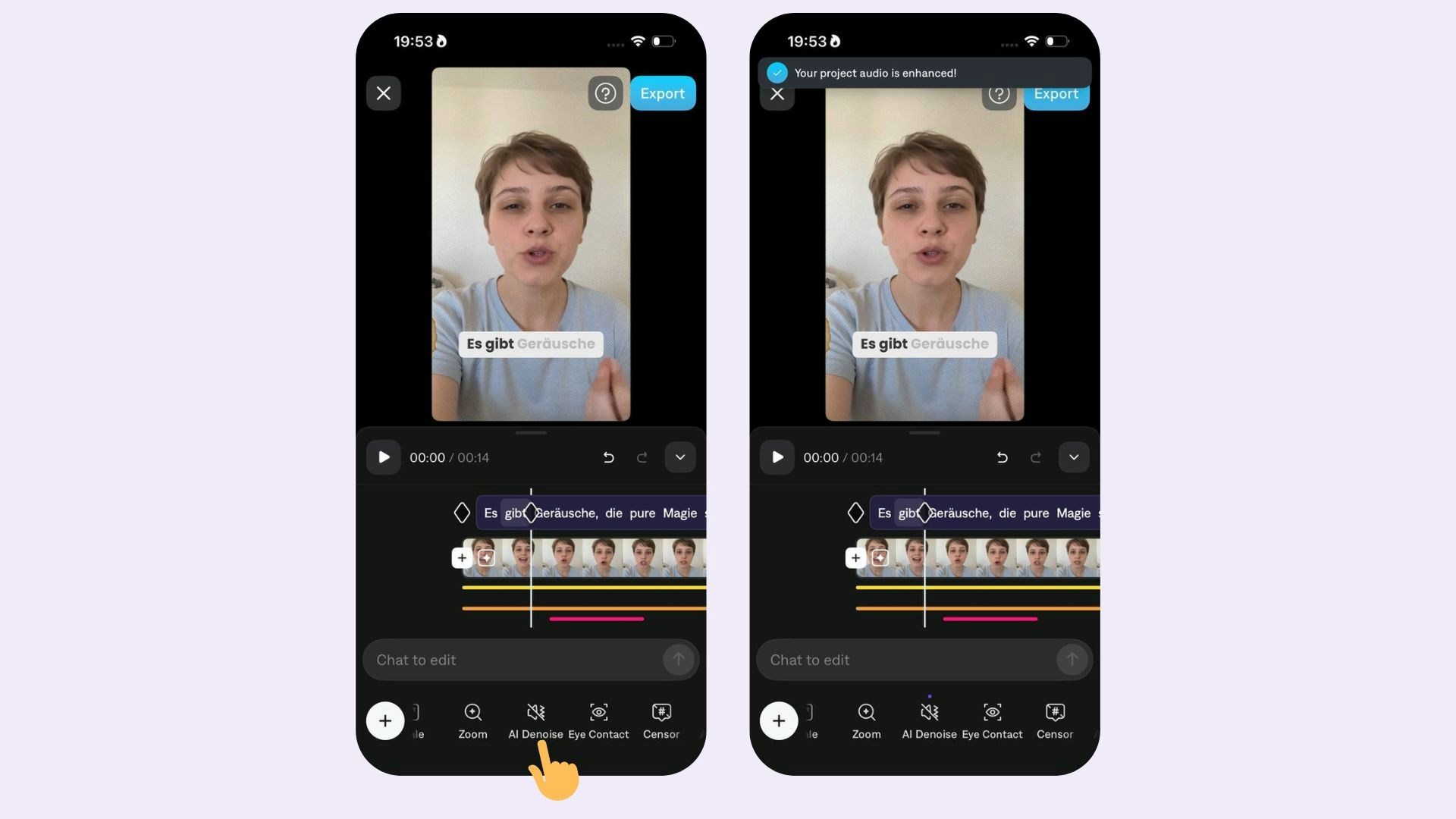 Herramienta Captions Denoise Audio eliminando ruido de fondo de un video
