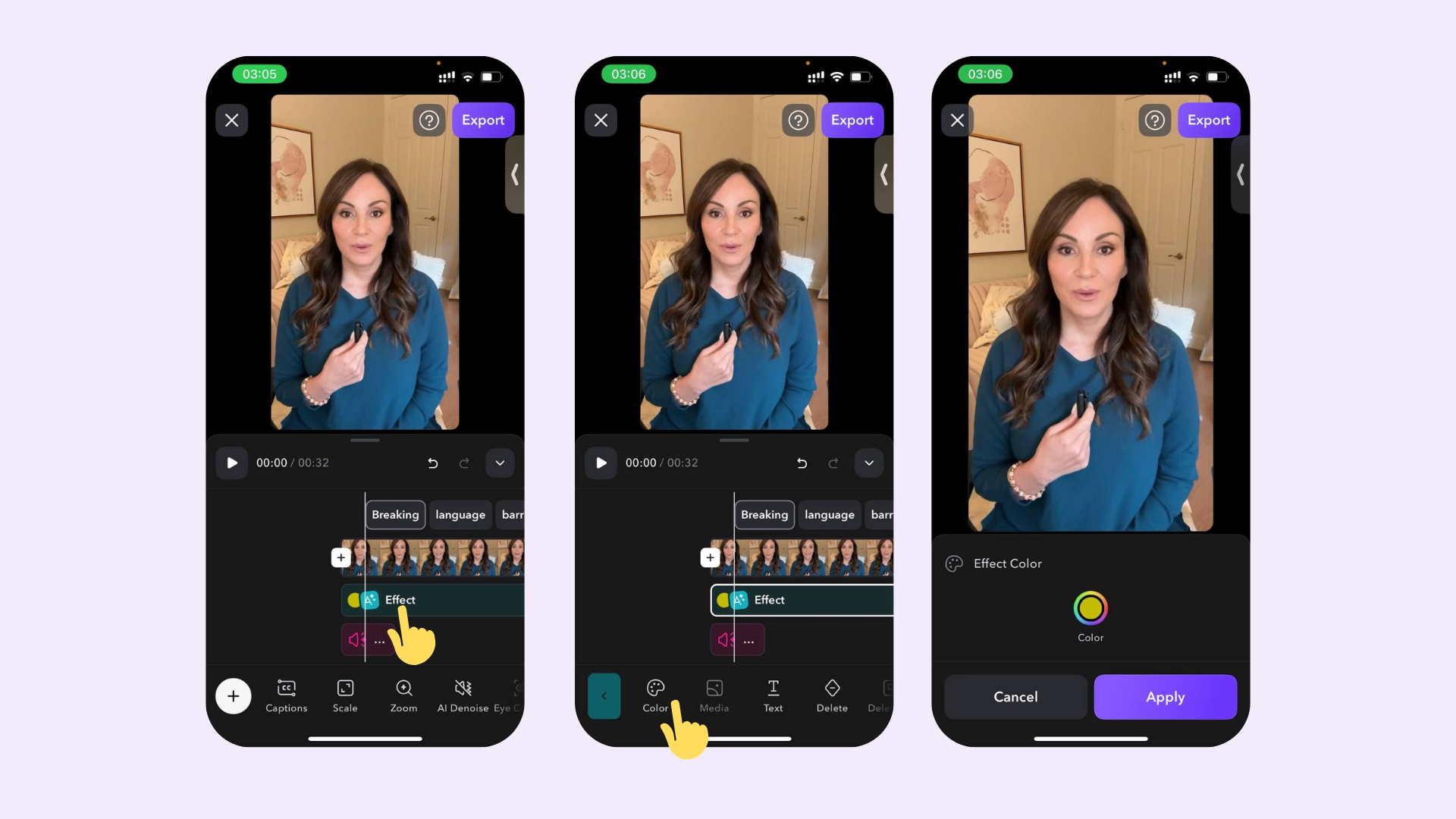 Editor de proyectos de Captions AI Edit mostrando un vídeo editado automáticamente con subtítulos y material de archivo